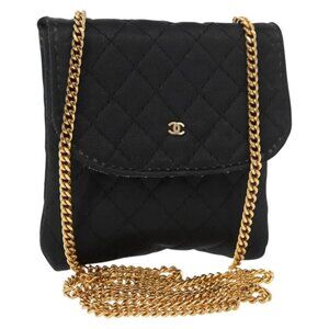CHANEL Matelasse Chain Shoulder Bag Satin Black Gold CC Auth ki6158